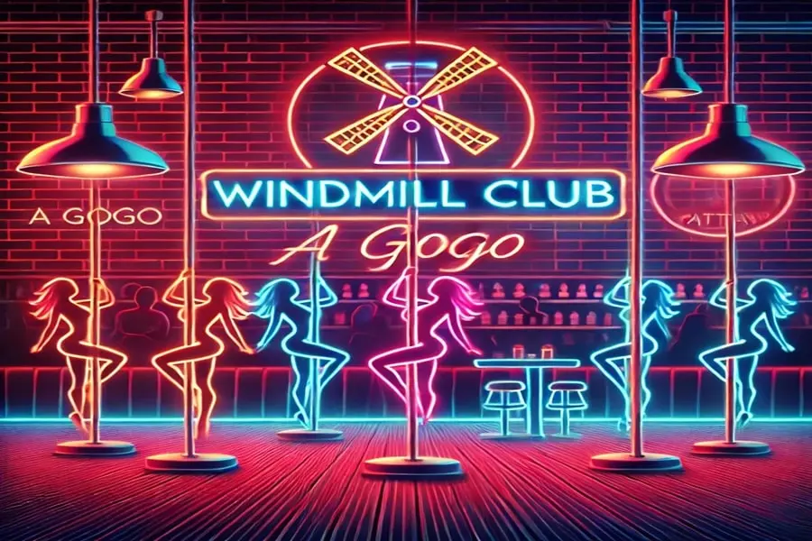 Das symbolhafte Bild der Windmill Club A GoGo mit Tänzerinnen.