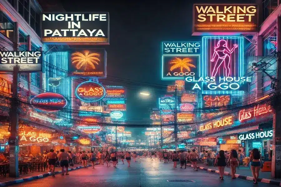 Walking Street Pattaya bei Nacht mit leuchtenden Bar- und A GoGo-Schildern an der Glass House A GoGo