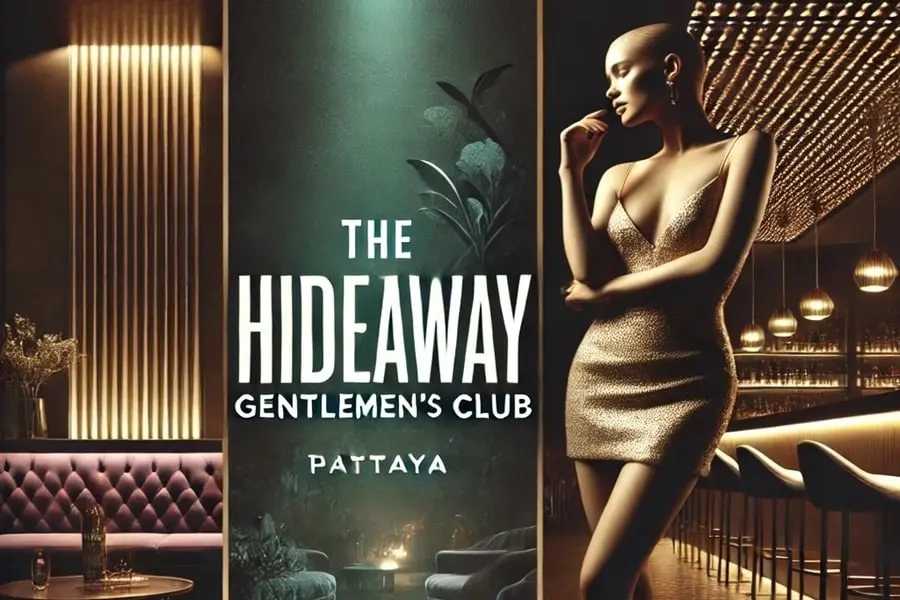 Logo vom The Hideaway Gentlemen’s Club mit einer verführerischen Lady in sinnlicher Club-Atmosphäre in Pattaya