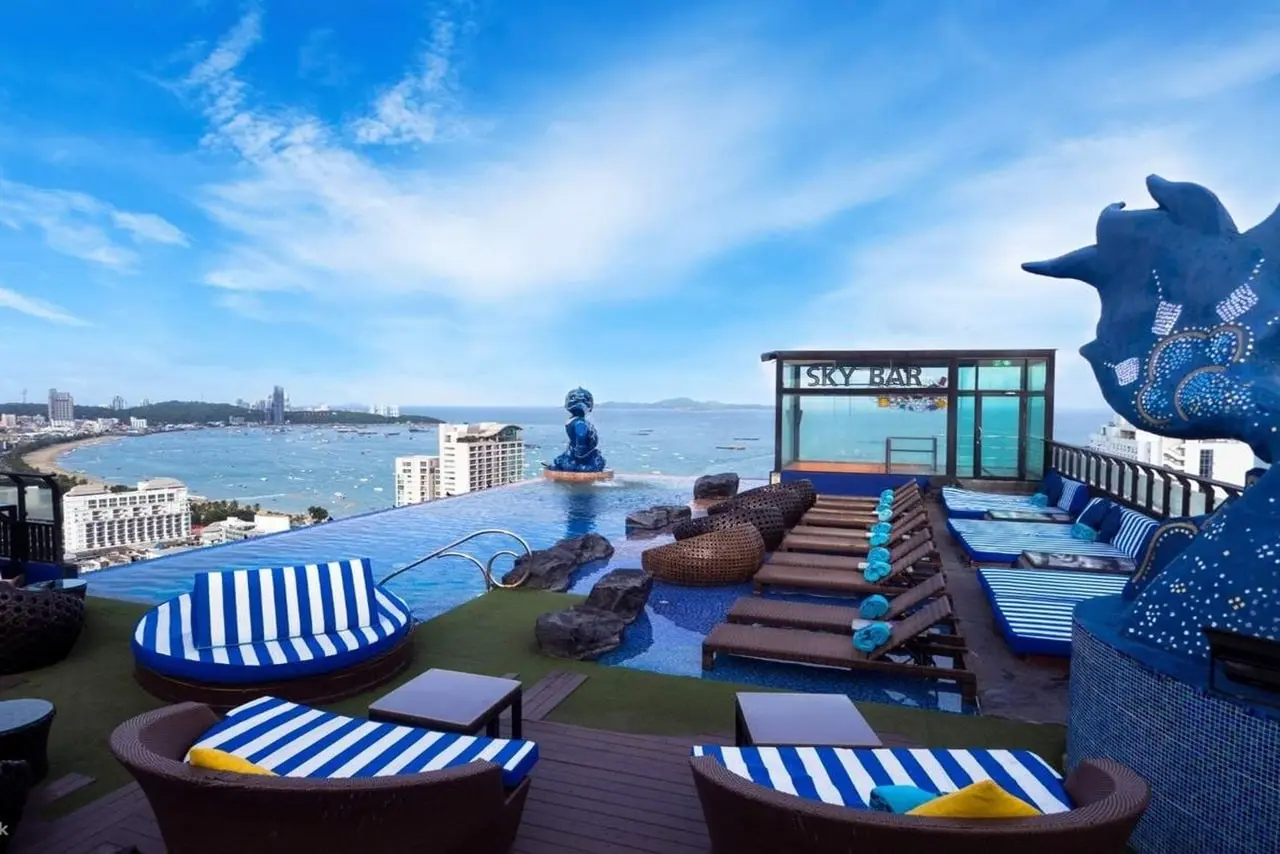 Rooftop-Bar Sky Bar Summer Club in Pattaya mit Pool, Lounge-Sitzplätzen und Meerblick bei Sonnenuntergang.