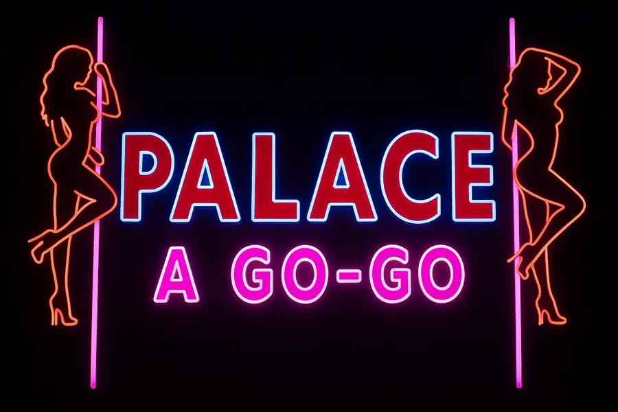 Neon-Stil Schriftzug der Palace A Go-Go auf der Walking Street – mit stilisierten Tänzerinnen links und rechts an der Stange.