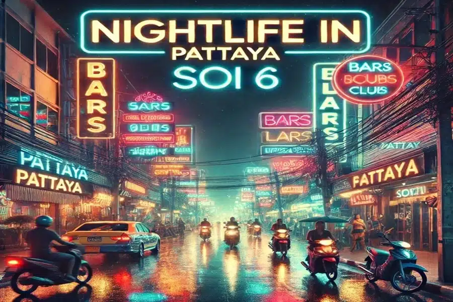 Belebte Nachtaufnahme der Soi 6 in Pattaya mit leuchtenden Neon-Schildern, Bars und Besuchern.