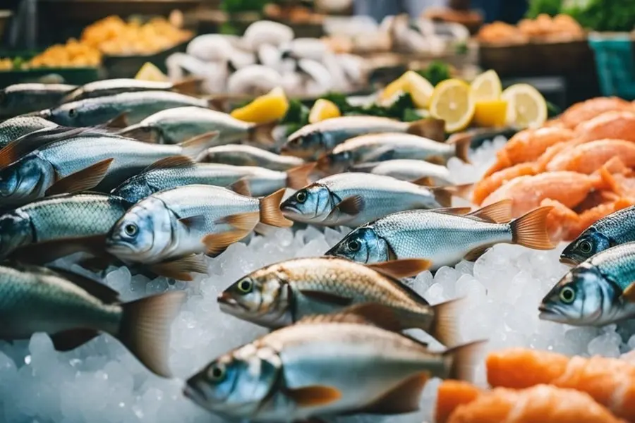 Frisch gefangene Fische auf Eis am Lan Pho Na Kluea Market in Pattaya