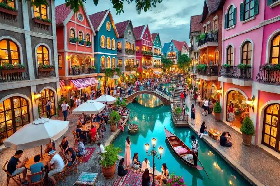 Mimosa Pattaya Erlebnispark – bunte Häuser, Kanal wie in Venedig, Menschen beim Essen