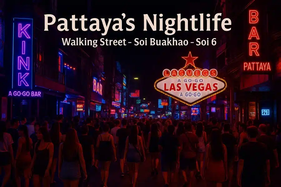 Pattayas Nachtleben mit bunten Neonlichtern, Bars und Menschen auf der Straße