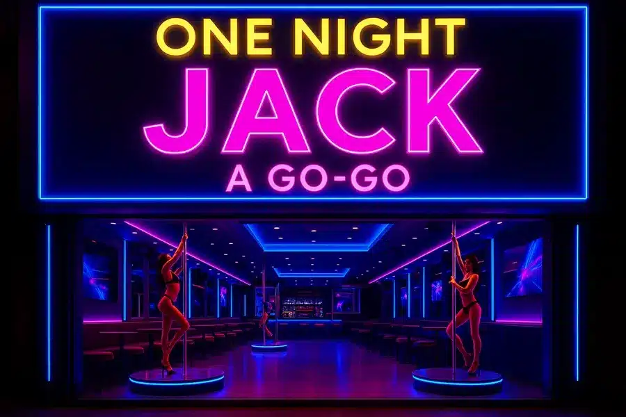 One Night Jack A Go-Go Pattaya – Schriftzug mit Tänzerinnen an der Stange